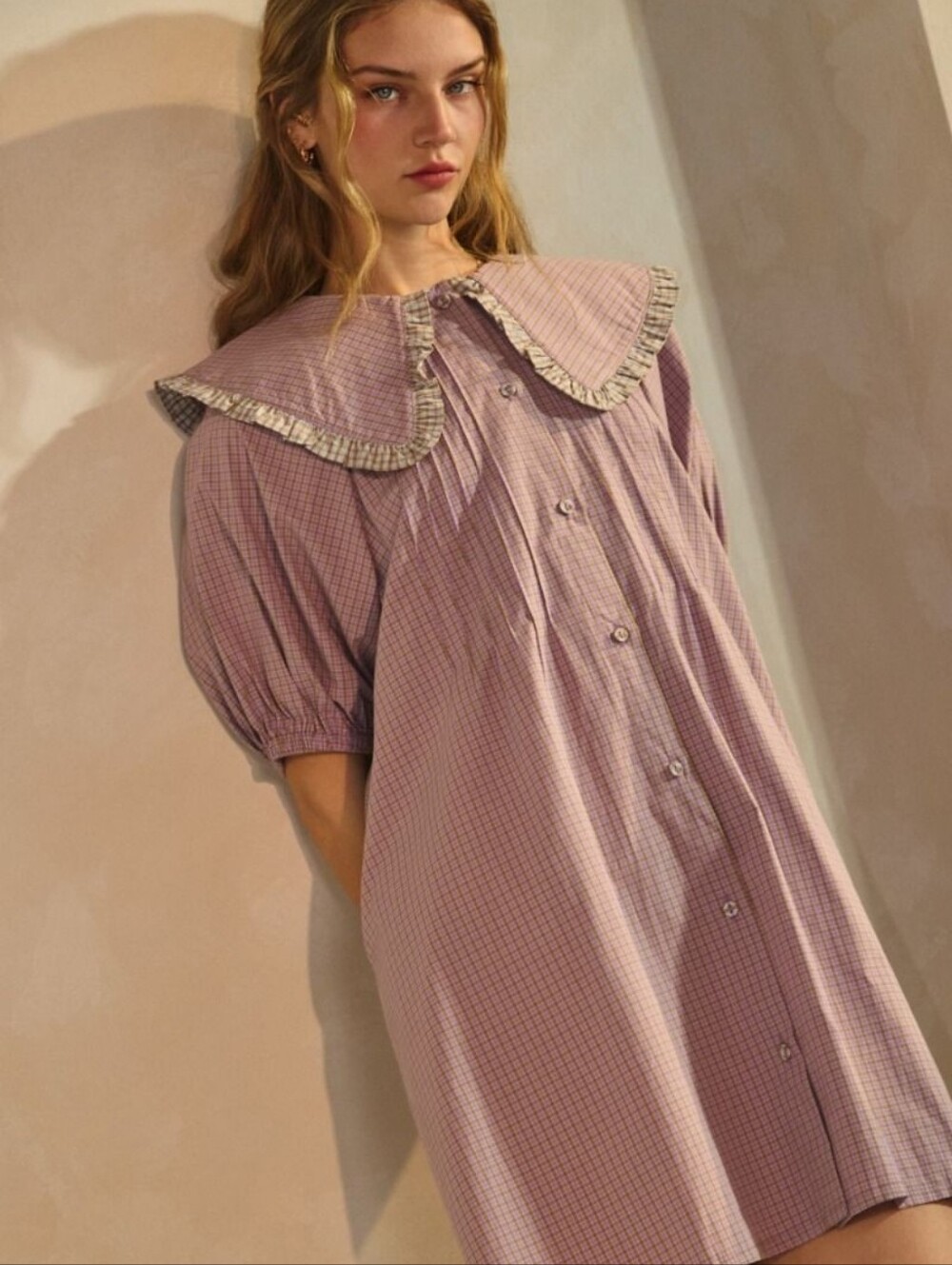 Retro Mod Lavender Checked Button-Front Mini Dress with Ruffled Collar - Picture 6 of 7